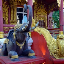 Elephant watching the entrance of the temple Wat Chedi Ngam in Fang
